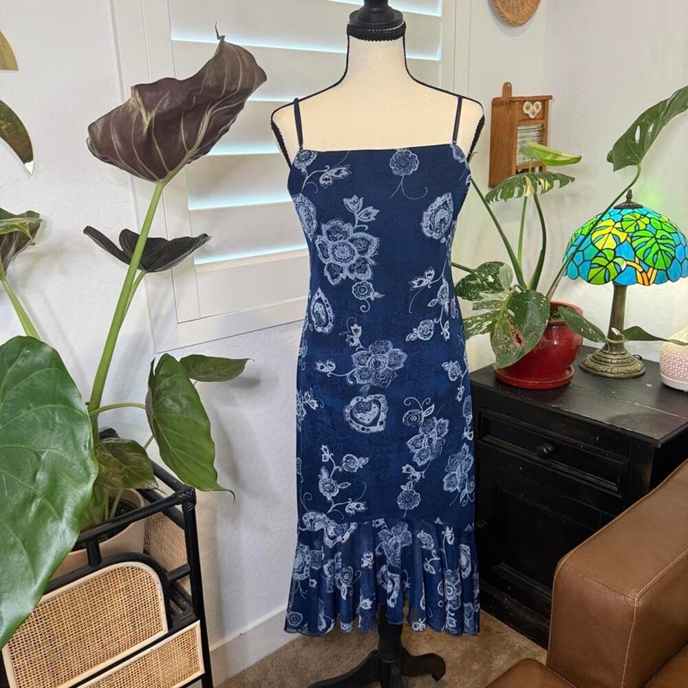 Vintage Y2K Boho Fairy Whimsigoth City Triangles Blue Floral Ruffle Midi Dress